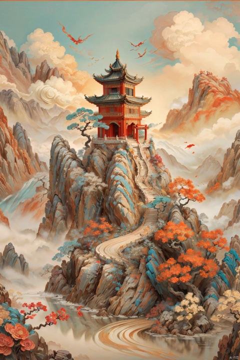  （The romantic style of Thomas Cole：1.32） 1girl,exquisite and complex background of flowers, Chinese dragons_ink and wash styles_misty clouds_ancient paintings_flames,(chinese dragon:1), yunqing, zydink, colors, Detail, dunhuang ancient style_imagination