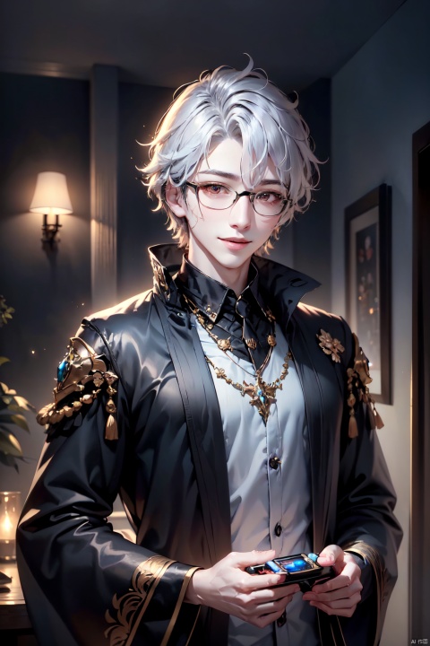 (masterpiece), (best quality), solo, looking at viewer, blush, smile, short hair, shirt, green_eyes, white hair, 1boy, Holding a graphics card, closed mouth, upper body, male focus, glasses, indoors, necklace, black eyes, realistic