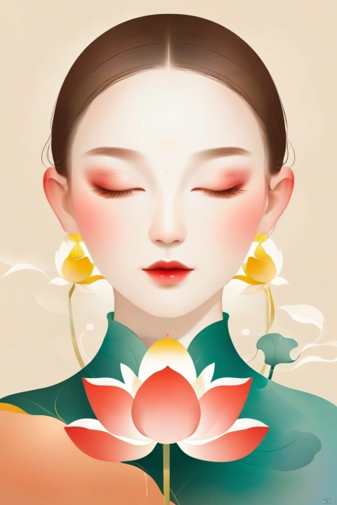  A beautiful woman with a simple lotus flower,Illustration,Minimalismm,dreamlike picture,subtle gradation,calm harmony,elegant use of negative space,graphic design inspired illustrations,