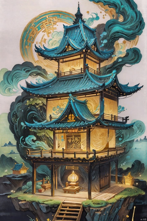  （Ancient buildings, buildings：1.35）,deep black tone, writing calligraphy, traditional animation top light