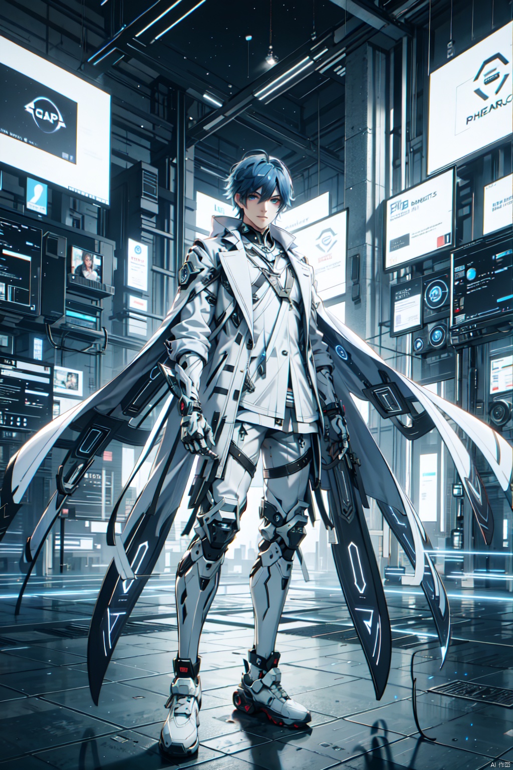  1 boy. Blue hair, futuristic cape, solo, looking at the audience, hair between eyes, smile, blue eyes, stand up jacket, male focus, white and black short jacket, science fiction, book, desk lamp, floating holographic screen, mechanical leg guards, (sitting: 1.2), sports shoes, starry sky, aurora borealis outside the window, cyberpunk

, Aso, machinery, Cyberpunk Concept