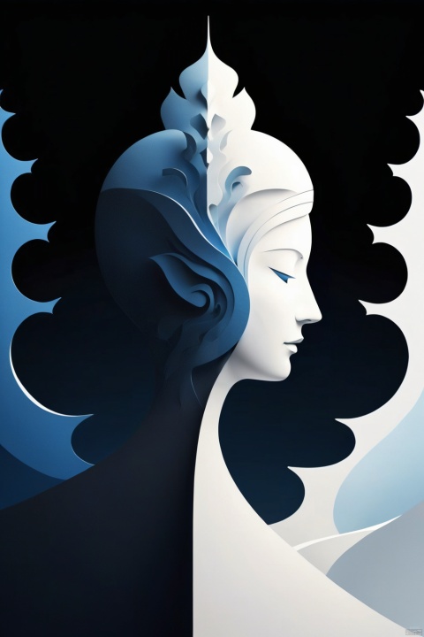  Sculptural head silhouette with an open mind leading to stairs, a lone figure ascending, representing personal growth, against a stark black background, minimalistic, blue-white gradient lighting, surrealism, digital art, Peter Tarka style, sharp focus, Oriental flat aesthetics