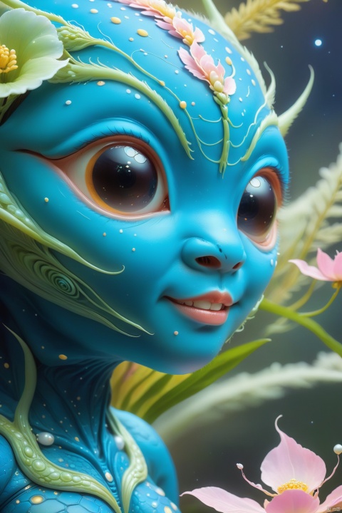  A photo of a (cute space creature:1.3) amidst (alien flora:1.2), terraforming process, (Miki Asai Macro photography style:1.2), close-up capture, hyper detailed, trending on ArtStation, sharp focus, studio ambiance, intricate facial details, (detailed skin texture:1.1), by Greg Rutkowski inspiration, HD resolution, vivid colors, contrasting textures, professional grade,