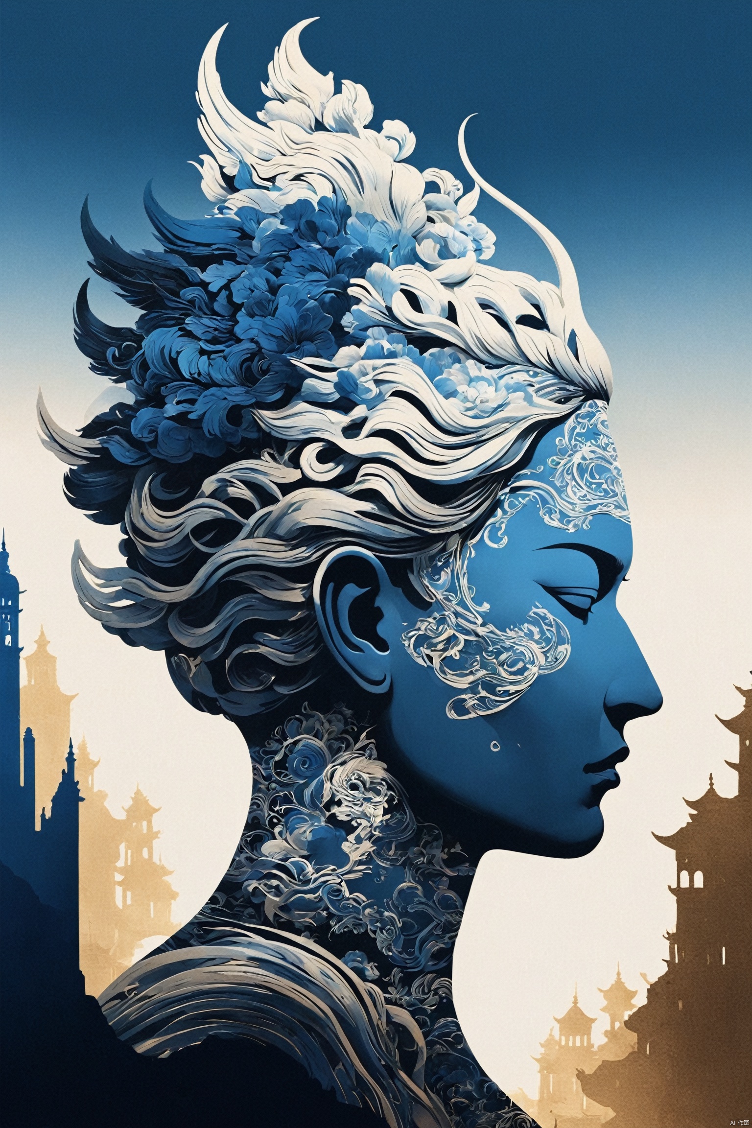  Sculptural head silhouette with an open mind leading to stairs, a lone figure ascending, representing personal growth, against a stark black background, minimalistic, blue-white gradient lighting, surrealism, digital art, Peter Tarka style, sharp focus, Oriental flat aesthetics