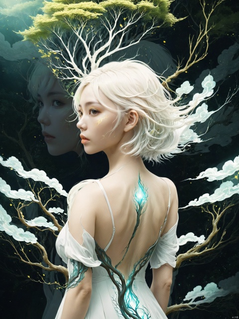 in style of anna dittmann, lightening tree, looking from behind, realistic young anime girl, graphic artist steve argyle, skinny female artist back view, fractal insane, manga and anime 2010, interconnected human lifeforms, surrealisme aesthetic, bright white hair, by simon ushakov