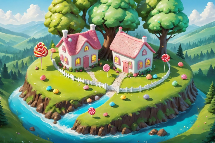  (((Masterpiece))),((Best Quality))),((official art,)),((from above:1.4)),(House, candy house:1.3),chocolate,lollipop,sweets,cookies,cakes,desserts,fairy tale world,(Forests, woods, trees, meadows:1.2),outdoors,day,(Colorful/candy color theme:1.2),