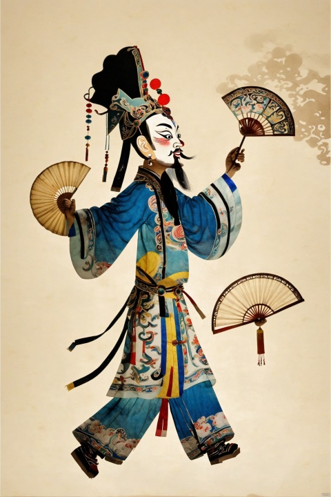  Flat style illustration,Profile of a shadow puppet figure,The movement in the dance,Holding a traditional Chinese fan,Chinese traditional opera actors composed of geometric shapes,blue and white glaze,clear outline,Geometric figures composed of traditional Chinese opera actors,white background,clothes with traditional Chinese lotus patterns,Keith Haring style graffiti,garbage beauty style, white background