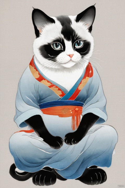  Chinese Ink Painting of a Cat in Chinese Dress, sitting cross-legged with hands folded and eyes closed, practitioner pose, front view, full body portrait, Zen, simple color scheme, traditional Chinese minimalism, high definition, rich in detail