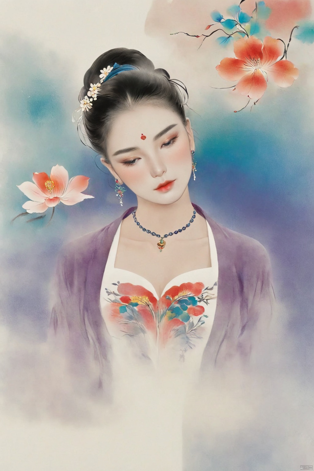 offcial art,colorful,Colorful background,splash of color,A beautiful woman with delicate facial features,The chest is large,tattoo all over body,Flower arms,Colorful and colorful silks cover the body,The looming body,Sideways photo,(tattoos)),