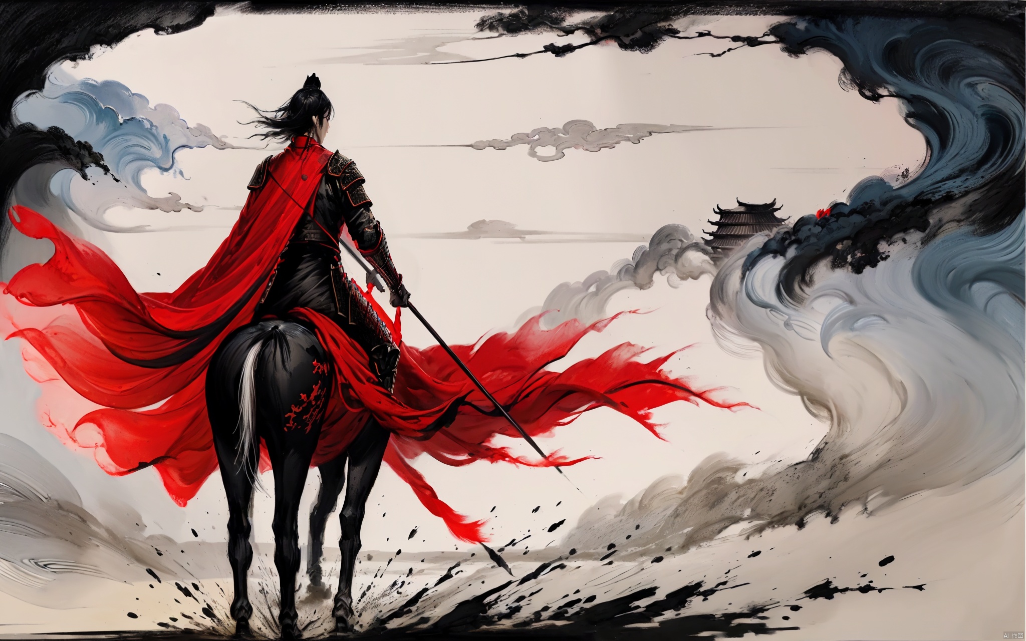 Mofeng, General, Three Kingdoms, Zhao Yun, riding a horse, holding a red tassel gun in one hand, flowing cloak, wearing silver armor, (one stroke back horse gun: 1.5), such as the birth of the Dragon, magnificent scene, super wide Angle lens, ink painting, GI, Chinese clothing, (body :1.3), Jinke, Guijian, Cloud