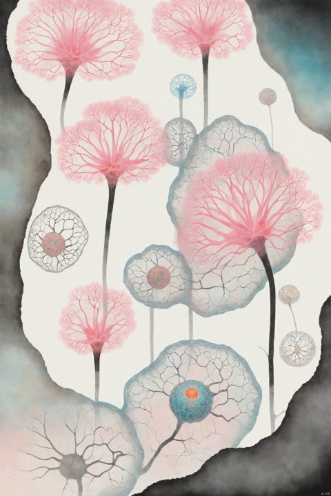  (neuron:1.1),hand paint,illustration,colored pencil drawing,line,fantasy illustration,huge cell structure,microorganism,virus,germ,(distant view:1.1),(wide angle:1.1),no humans,black background,traditional media,pink flower,,illustration,(watercolor pencil),dreamlike,(cell:1.1),holes all over the picture,hole,(clear:1.1),cell volcanic eruption,((distant view)),best quality,black background,many nets,(reticulation:1.1),many little people in hats line up to walk,ghost,transparent glass floor,silk net,