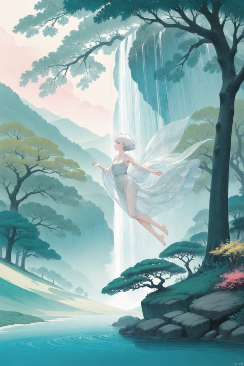  masterpiece, best quality, as7033,,line art,line style,as style,
solo, 1girl, scenery, short hair, tree, white hair, dress, shawl, outdoors, a figure in a flowing, transparent dress flying through a colorful, abstract landscape, The figure appears to be a woman with short hair, and she is surrounded by a variety of colors and patterns, The background features a waterfall, trees, and other natural elements, as well as abstract shapes and patterns, The overall effect is dreamlike and otherworldly, figure, transparent dress, short hair, woman, flying, waterfall, trees, natural elements, abstract shapes, dreamlike, otherworldly