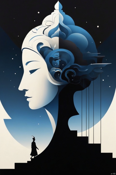  Sculptural head silhouette with an open mind leading to stairs, a lone figure ascending, representing personal growth, against a stark black background, minimalistic, blue-white gradient lighting, surrealism, digital art, Peter Tarka style, sharp focus, Oriental flat aesthetics
