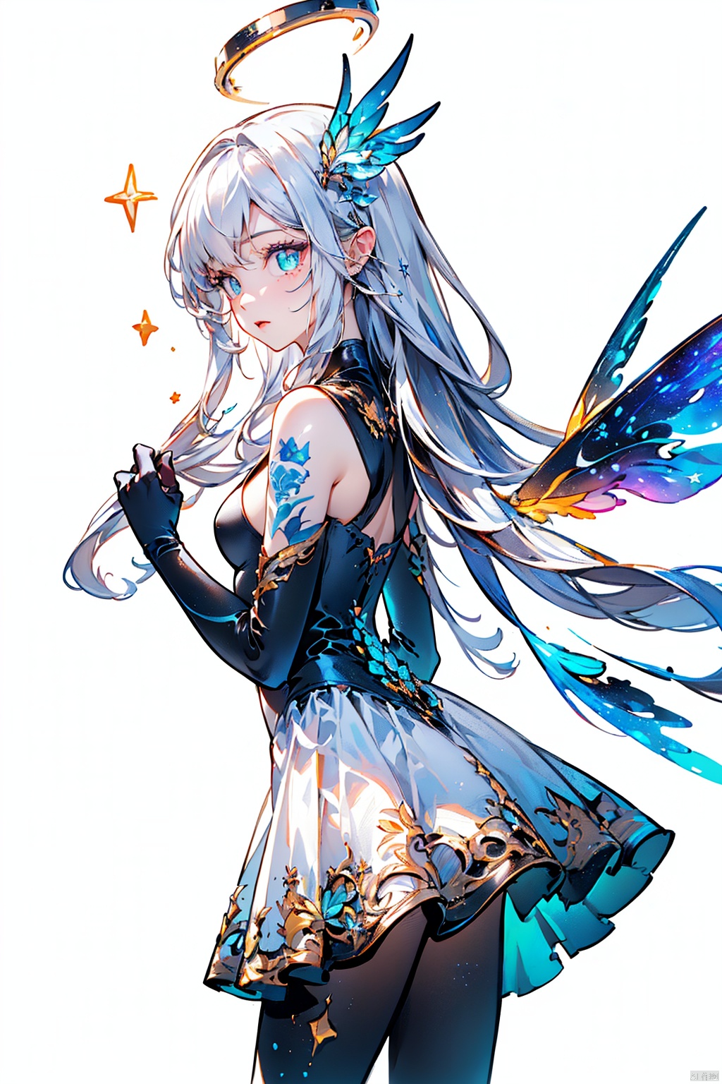  ((solo)),((cowboy shot)),(((a beautiful girl))),((small_breasts)),((looking at viewer)),(galaxy adorns colorful wings),(((starry_wings,galaxy_wings):1.5)),(Glowing line tattoos),(galaxy adorns colorful dress),(Glowing halo),(beautiful eyes),white hair,((white background:1.7)),((standding)), cutegui, 1girl,pantyhose,high_heels,LF, tattoo