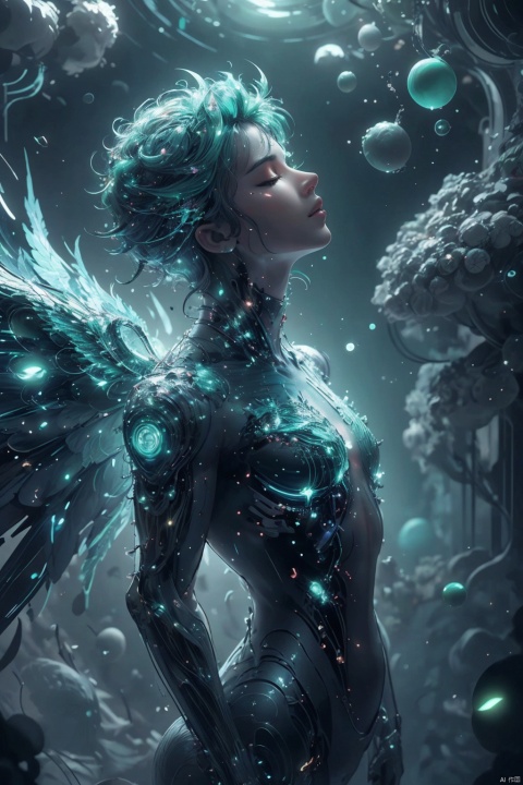  masterpiece,best quality,ultra high res,tashan,,green theme,background light,universe,sparkle,light particles,cyberpunk,humanoid,eyes closed, tashan,wings