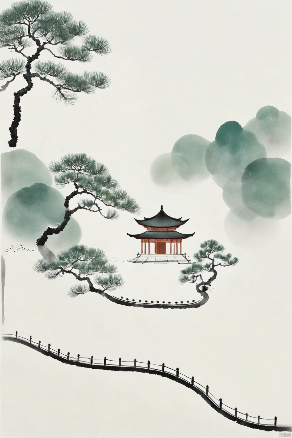 Ancient pavilions, paths, pine trees, large areas of white space, clean background, minimalism