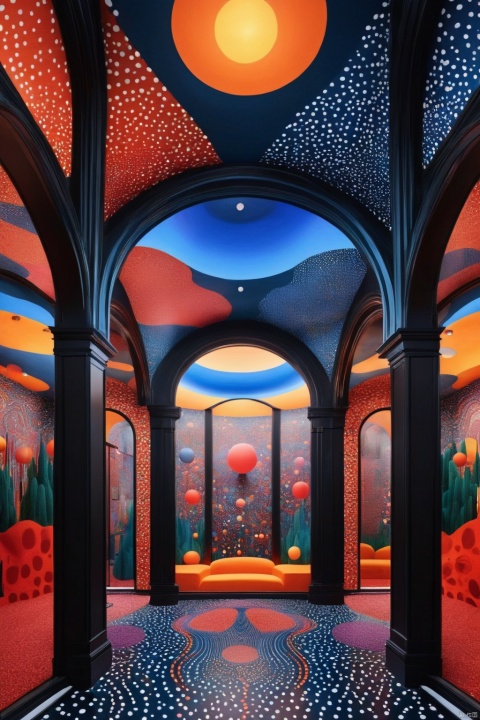 a room full of design, [colors], in the style of yayoi kusama, surreal 3d landscapes, polka dot madness, monochromatic symmetry, densely patterned imagery, Kilian Eng