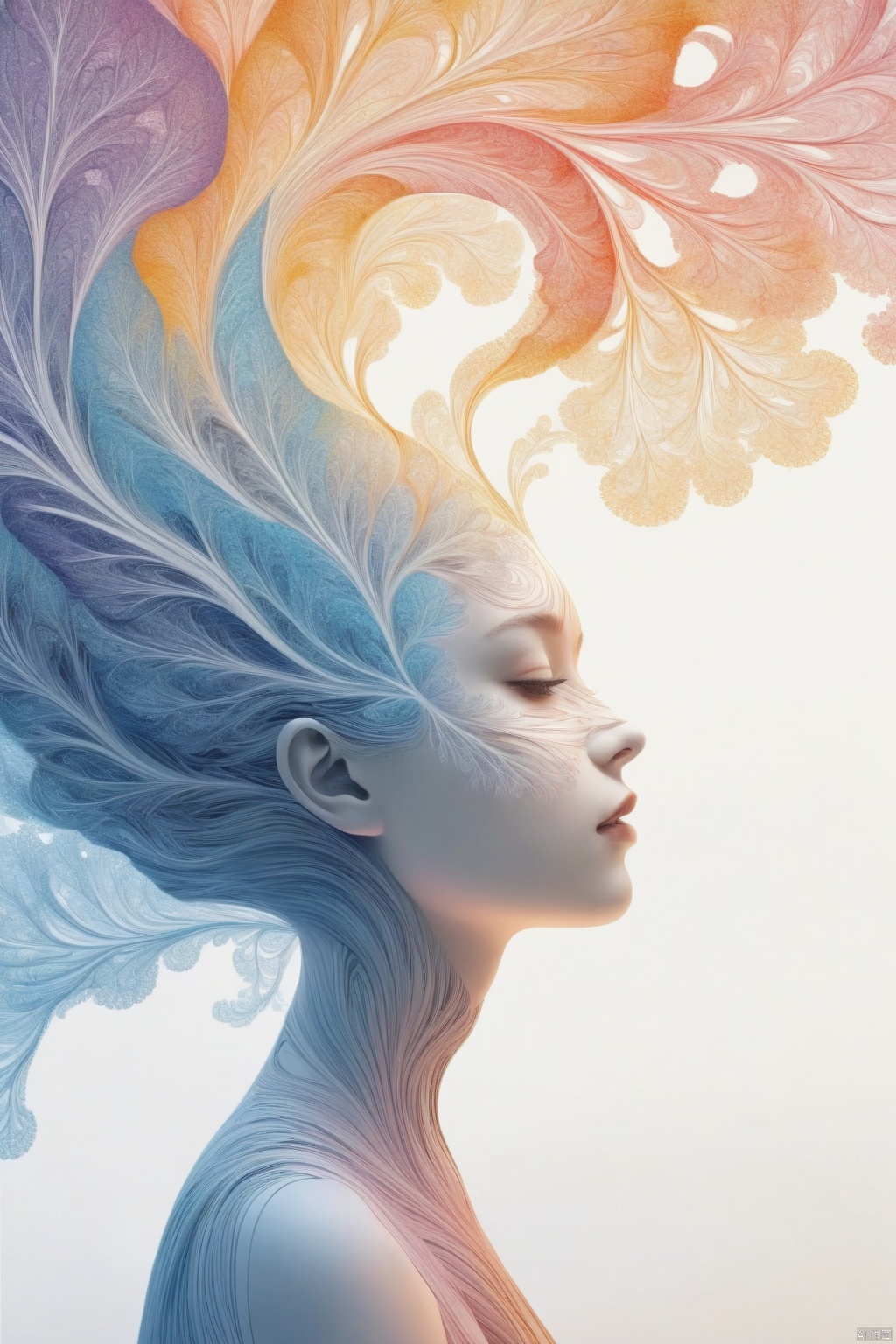 Official art, 8k wallpaper, super detailed, beautiful and beautiful, masterpiece, best quality, (fractal art: 1.3), lines, illustration, 1 girl head, white background, very detailed, bright colors, romanticism