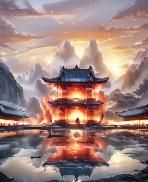  jingjing, reflection, sky, cloud, sunset, outdoors, silhouette, water, scenery,(((1boy))), watercraft