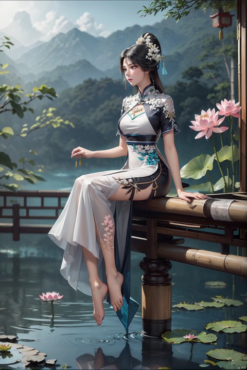 (sunlight, beautiful sky, floating hair, Fisheye lens lens, dynamic angle, distant view, panorama ,overlook,barefoot), ((Ancient_Chinese_architecture)), (short sleeves),with a combination of Morgan colors, Qiu Ying's painting style, And high end color matching, ((A beautiful girl sitting on a bamboo raft in the water, swimming downstream, Huge lotus, rain, (full body), aqua_china_dress)), (bright light,fantasy), ((spotted light)),1 girl, ((black hair, shy, blush)), colors
