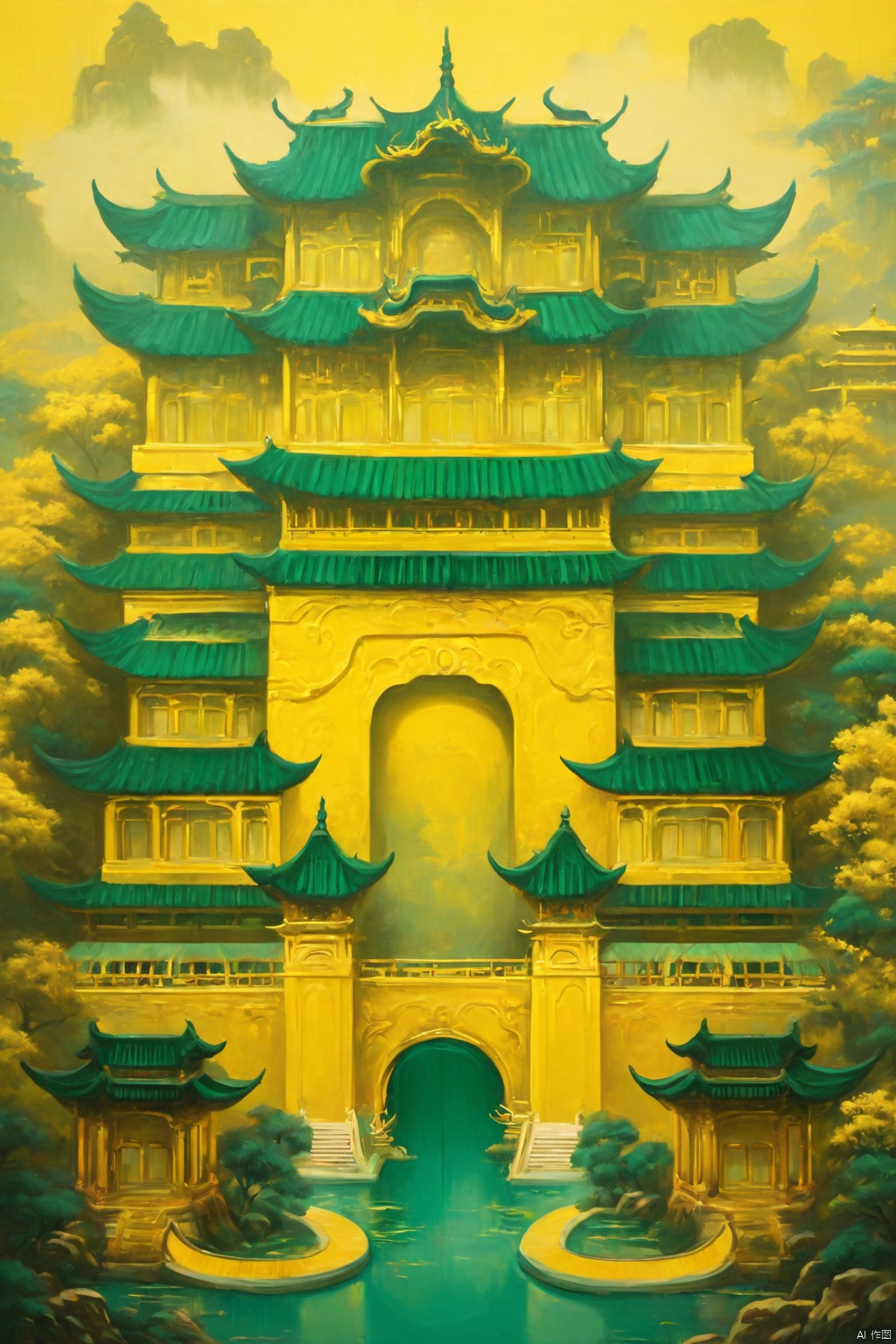 palace story by xelo hun, in the style of yellow and emerald, precise, detailed architecture paintings, mid-century, chinapunk, mesmerizing colorscapes, textural harmony, realistic detail