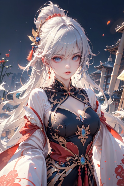  （（Blue eyes, long white hair, bangs：1.36）, (dramatic, gritty, intense:1.4),masterpiece, best quality, 8k, insane details, intricate details, hyperdetailed, hyper quality, high detail, ultra detailed, Masterpiece,,1girl,solo, hanfu,dress,red ribbon,jewelry,wind,long sleeves,long hair, hair ornament,tassel,,holding weapon, sword,,looking at viewer,realistic,bamboo grove,Chinese architecture