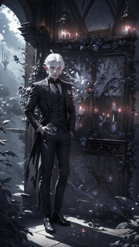  A white haired vampire,handsome boy,solo,Gothic clothing,full body,phenomenal aesthetic, sumptuous artwork, (masterpiece), (best quality), (ultra-detailed), ((an extremely delicate)),broken glass,serious expression,colorful,Fine drawn facial details,Black trousers,Black leather shoes,Elf Ears,