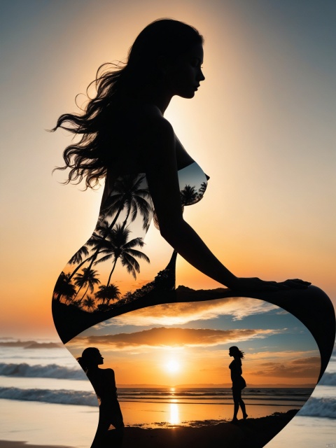  High quality, 8K Ultra HD, A beautiful double exposure that combines an goddess silhouette with sunset coast, sunset coast should serve as the underlying backdrop, with its details incorporated into the goddess , crisp lines, The background is monochrome, sharp focus, double exposure, awesome full color