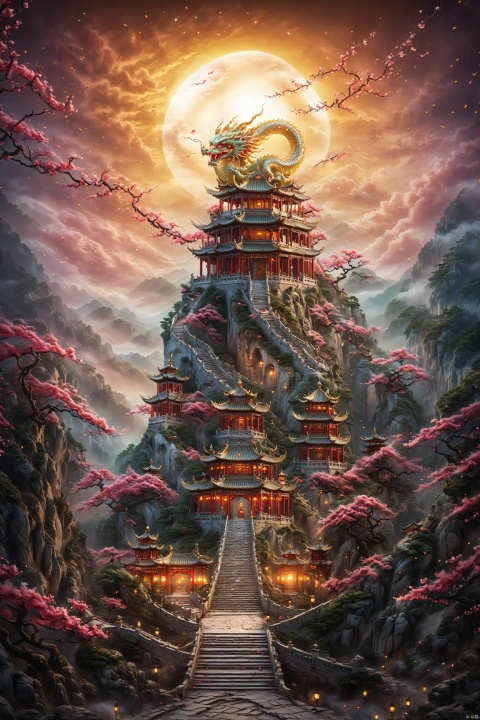  Chinese Dragon, Dragon's talons, Soaring in the Sky, highest quality, Masterpiece, Epic beauty, National Geographic Photo Contest Winner, Outdoor, (Macaron color :1.2), Ancient Chinese Architecture, Tower Pavilion, Terrace, Flying in the Sky, Majestic, Dreamy Style, Chinese Architecture, Sunset, cloud tops, Lush, stars, Peach blossoms, Textured skin, Super Detail, Best Quality, Visual art