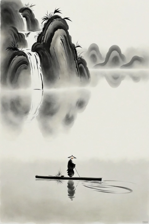 A reed, crossing the river, large area of white, minimalist ink painting
