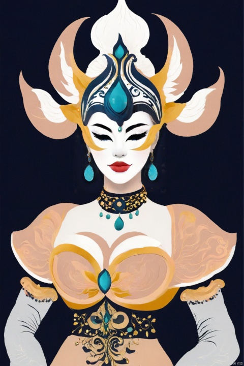 1gril,Large breasts,on other colors. The headgear should be depicted in a stylized, modern form. The illustration should be flat and minimalist, with a white background to emphasize the character's whimsical side profile and headgear, resonating with the geometric aesthetic we established earlier., mask, tattoo