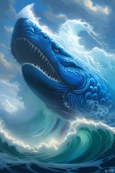  The fierce Leviathan, its scales a deep oceanic blue, rises from the depths of the sea to confront a fleet of naval warships armed with cannons and torpedoes, its mighty tail churning the waves into a frothy maelstrom that capsizes several vessels, as it spews forth a geyser of water that drenches the sailors in salty brine,cnss, RockPainting