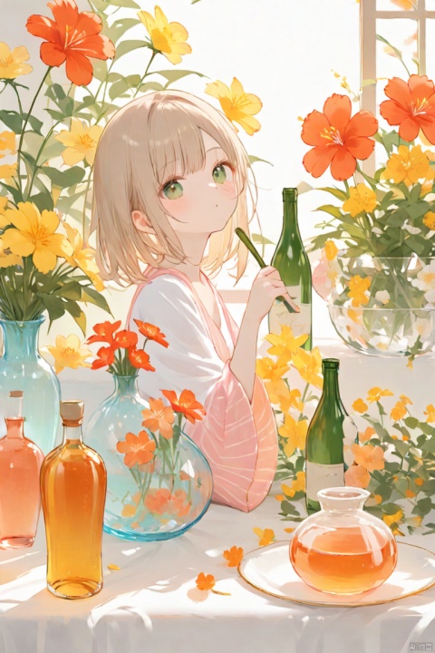  1girl,flower, bottle