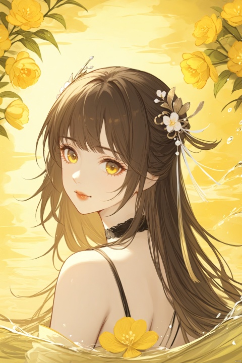 masterpiece,best quality,1girl, solo, hair ornament, brown hair, long hair, yellow eyes, upper body, choker, water, bare shoulders, looking at viewer, closed mouth, flower, looking back, yellow theme, dress