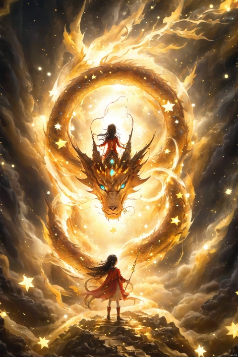 (The little girl calls out the Guardian Dragon God: 1.28), (a giant star dragon: 1.36), with bright star skin and dragon scales, exudes a mysterious and powerful atmosphere. Its eyes twinkle with the light of wisdom, its body is surrounded by the power of the stars, and it can freely manipulate the power of the stars, releasing powerful attack and defense skills. It adds some mysterious symbols and lines on its body, representing its mysterious power and wisdom, surrounded by the ring of stars, with mysterious, powerful and wise characteristics, can provide a strong guardian