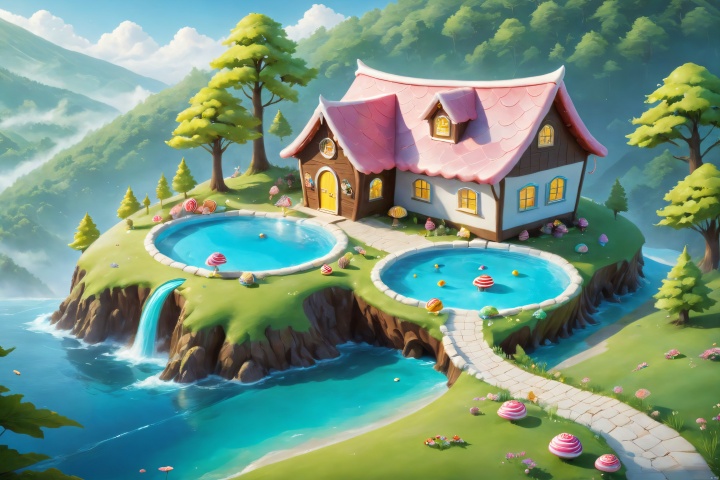  ocean style,(((Masterpiece))),((Best Quality))),((official art,)),((from above:1.4)),(House, candy house:1.3),chocolate,lollipop,sweets,cookies,cakes,desserts,fairy tale world,(Forests, woods, trees, meadows:1.2),outdoors,day,(Colorful/candy color theme:1.2),