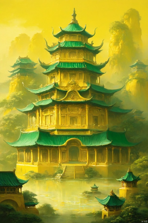 palace story by xelo hun, in the style of yellow and emerald, precise, detailed architecture paintings, mid-century, chinapunk, mesmerizing colorscapes, textural harmony, realistic detail