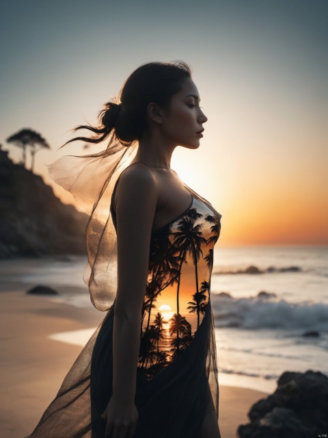 High quality, 8K Ultra HD, (A beautiful double exposure:1.36), that combines an goddess silhouette with sunset coast, sunset coast should serve as the underlying backdrop, with its details incorporated into the goddess , crisp lines, The background is monochrome, sharp focus, double exposure, awesome full color