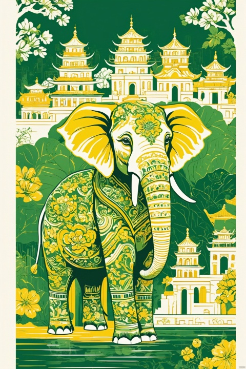  Vector illustrations, Chinese cities, bold lines, classical motifs, woodcuts, elephants, green and yellow.