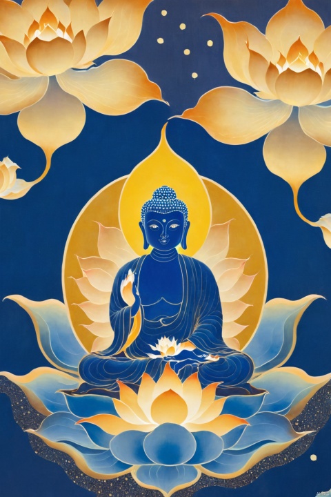  buddha holding a gold lotus, The golden lotus is shining, paintings by mike wilson, in the style of light indigo and brown, luminous reflections, nature-based patterns, subdued pointillism, mural-like compositions