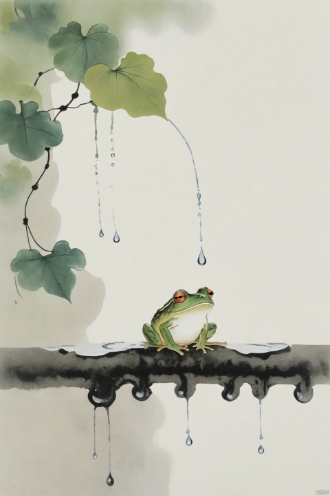  (A vine - a frog sitting leisurely on the vine with an umbrella), minimalist ink painting, raindrops