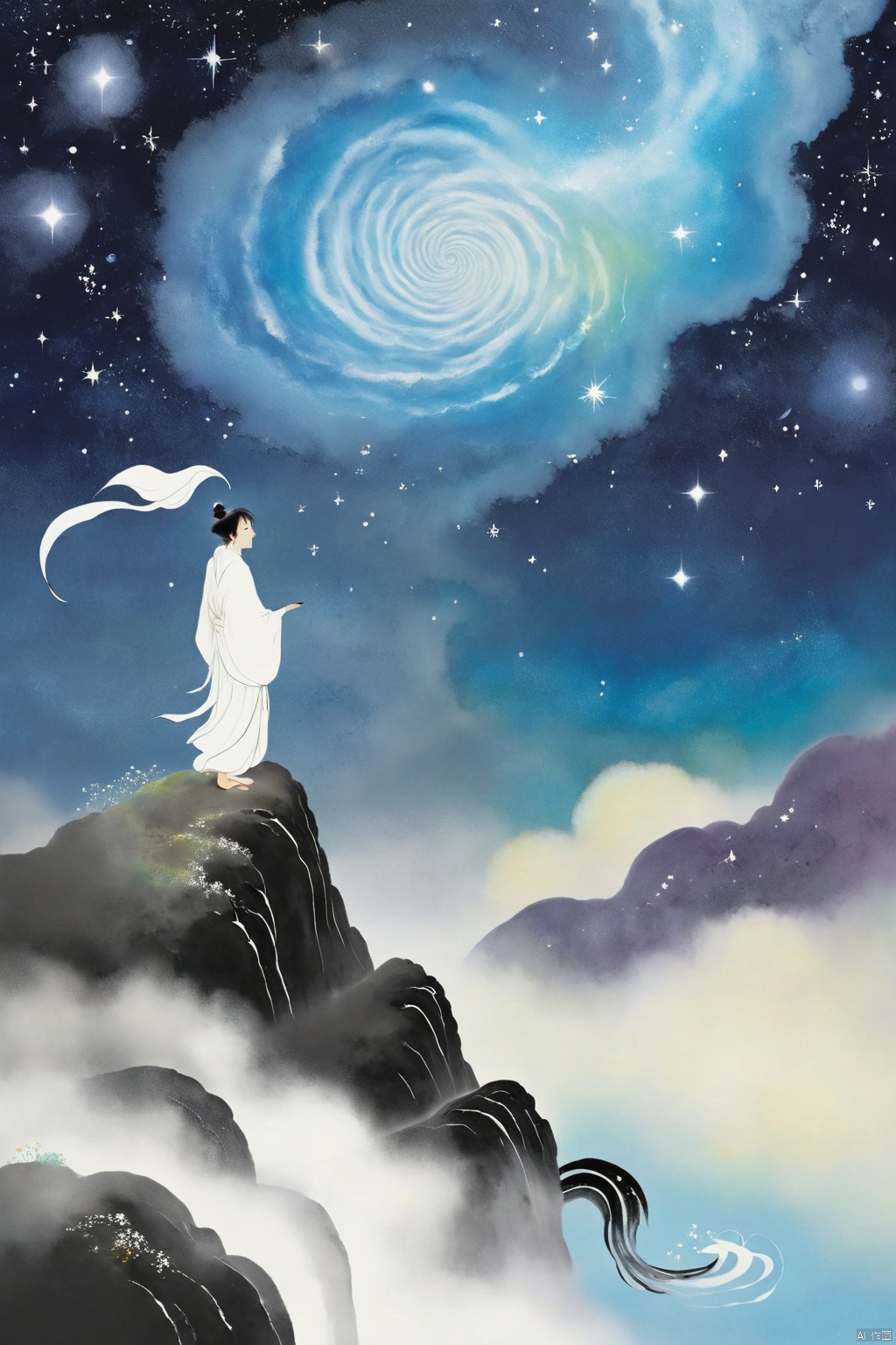  Tie dyeing style, Tie dyeing,Shinkai Makoto style, a whimsical digital illustration of a solitary figure standing on a cliff overlooking the vast starry sky. The figure has a wistful expression, his hair blown by the wind and his robe flowing. The sky is filled with rotating galaxies and constellations, creating a fantastic atmosphere. Bright colors, ethereal lights