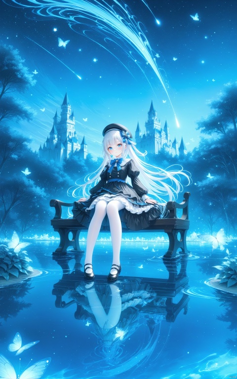 (masterpiece), (best quality), illustration, ultra detailed, hdr, Depth of field, (colorful),1girl, solo, long hair, blue eyes, sitting, reflection, star (sky), pantyhose, hat, sky, starry sky, shoes, night, long sleeves, looking at viewer, white pantyhose, black footwear, night sky, bangs, dress, white hair, beret, reflective water, black headwear, shooting star, outdoors, puffy sleeves, hair ornament, bench, blush, mary janes, black dress, frills, water, juliet sleeves, full body, closed mouth, castle, blue bow, bow, frilled dress, fountain, tree, butterfly