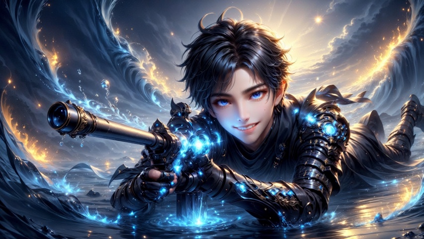 Shock picture, painting with tension, a male fantasy game character lying on the ground, Sunny Boy, cheerful outgoing personality, perfect smile, glowing water sniper rifle, aiming camera, wearing armor, with water in the background, digital art, HD, Masterpiece, best quality, super detail, super detail, Master of Light, wearing a black mask, Just a pair of deep, dazzling eyes, big eyes, Master of light, nahidadef, sds_glow_background, aier mote, BL0J0, waving ascythe
