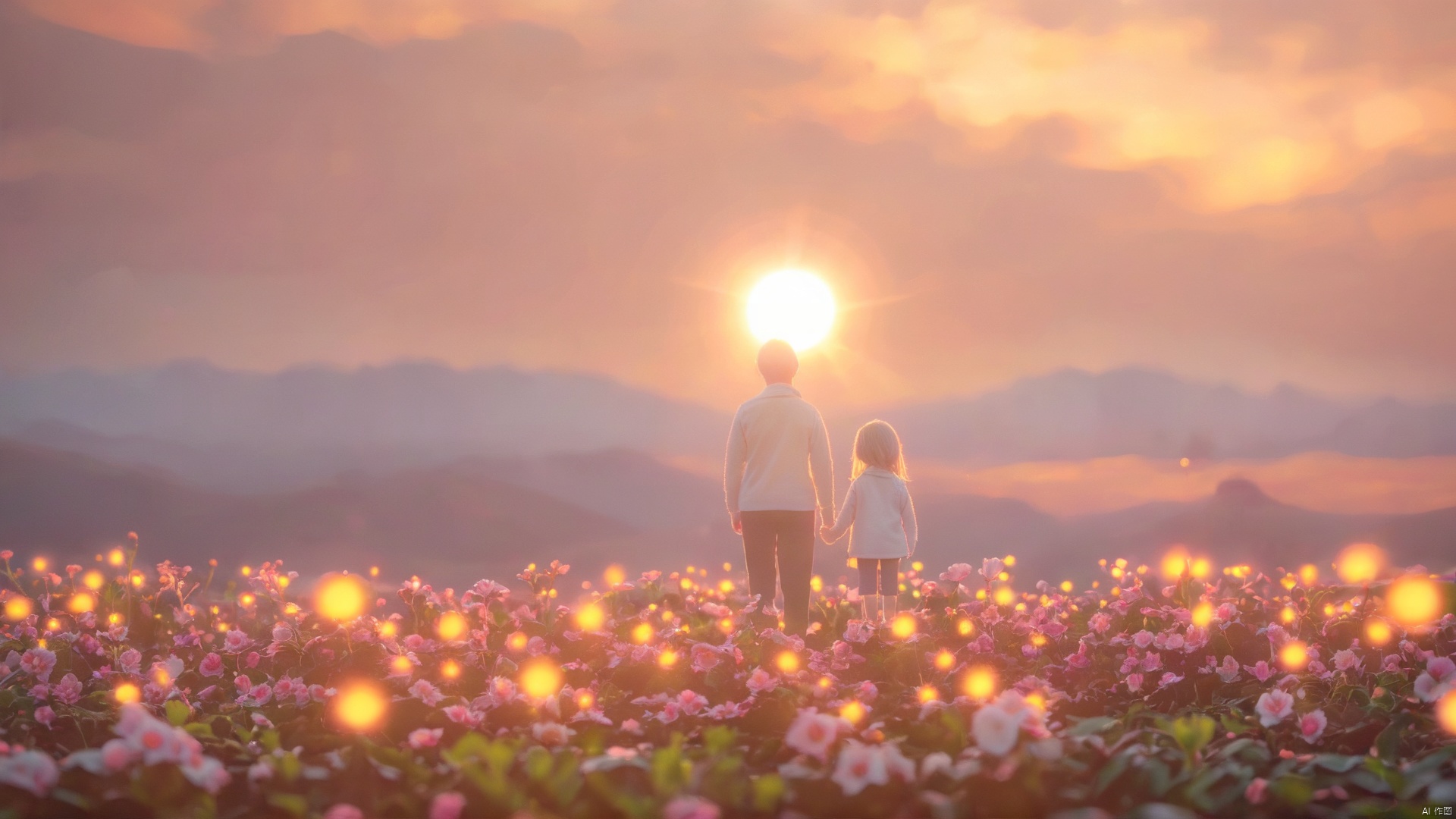  3D illustration of a cute mother and daughter hugging each other, surrounded by flowers and eggs in the style of dreamy landscapes with soft atmospheric perspective, vibrant orange and pink stage backdrops, childlike innocence and charm with cartoonish character design featuring bold shapes and cute characters against a pink background with a simple white sun in the sky