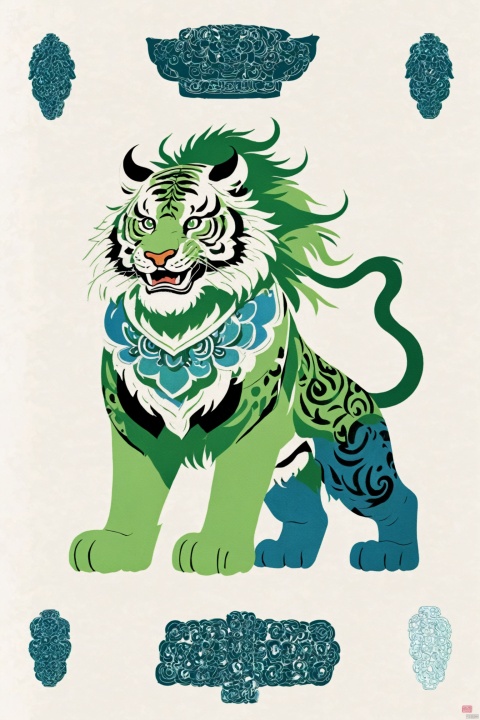  The mighty Tiger King's head, close-up shape, bronze shape, bronze color combination, green and blue color combination, white background, traditional Chinese patterns on the body, white background, traditional Chinese patterns on the body, cyan and green colors,white background