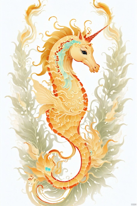 Intricate vector illustration design of a cute Golden scale fairy rhyme seahorsefor t-shirt, 3-6-9 pattern. Elegant, sophisticated, intricate line work, ornate details, muted color scheme, subtle gradients. Art and mathematics fusion, hyper detailed, trending at artstation, sharp focus, studio photography, intricate detail, highly detailed, centered, perfect symmetrical, bright color, solid white background, with adobe illustrator, in the style of Studio Gibli