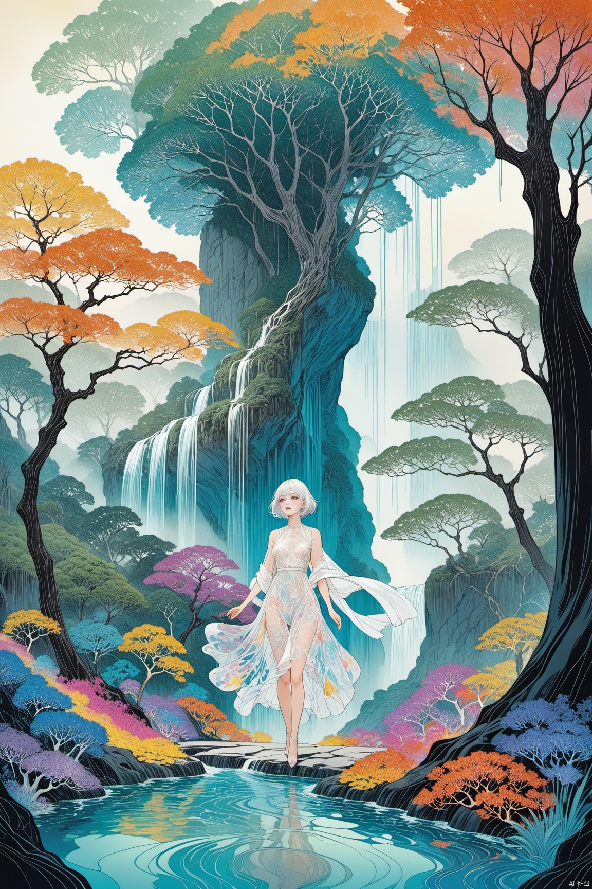  masterpiece, best quality, as7033,,line art,line style,as style,
solo, 1girl, scenery, short hair, tree, white hair, dress, shawl, outdoors, a figure in a flowing, transparent dress flying through a colorful, abstract landscape, The figure appears to be a woman with short hair, and she is surrounded by a variety of colors and patterns, The background features a waterfall, trees, and other natural elements, as well as abstract shapes and patterns, The overall effect is dreamlike and otherworldly, figure, transparent dress, short hair, woman, flying, waterfall, trees, natural elements, abstract shapes, dreamlike, otherworldly