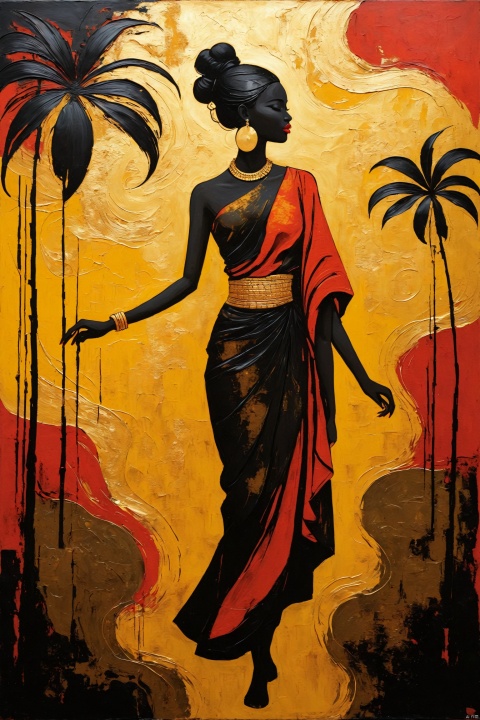 a painting featuring a woman walking on a red background, in the style of yellow and bronze, figuratively textured, yoruba art, flowing silhouettes, black paintings, textured expressionism, khmer art