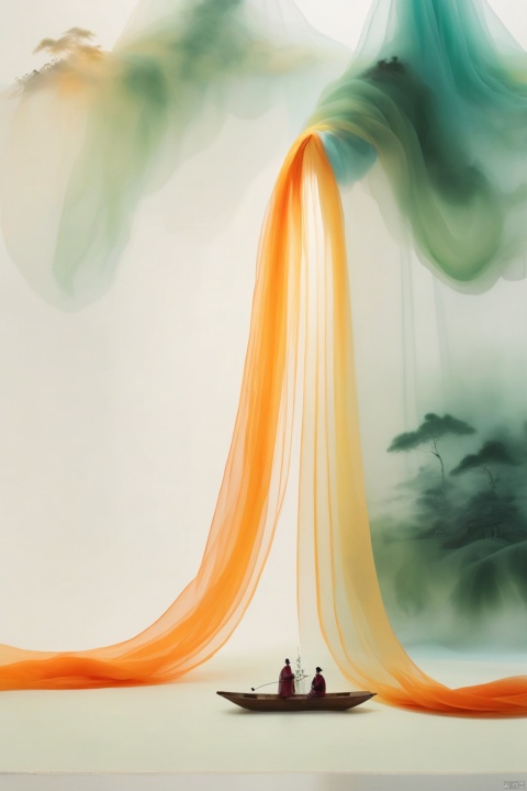 Chen Jialeng, ancient white, dynamic ink painting, tie-dye, X-ray, a leaf boat, translucent silk stacking, gauze curtain landscape stacking, light yarn, tulle, organza, film poster composition, story sense, dispersion gradient